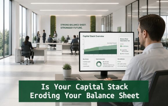 Finance professional reviewing a capital stack dashboard showing whether a company’s capital structure is eroding the balance sheet