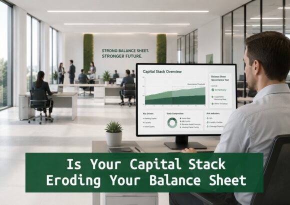Finance professional reviewing a capital stack dashboard showing whether a company’s capital structure is eroding the balance sheet