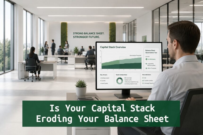 Finance professional reviewing a capital stack dashboard showing whether a company’s capital structure is eroding the balance sheet