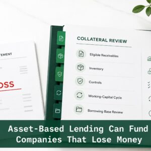 Asset-based lending review comparing an income statement loss with collateral, borrowing base, controls, and working-capital cycle analysis