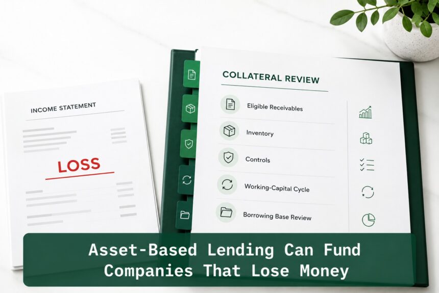 Asset-based lending review comparing an income statement loss with collateral, borrowing base, controls, and working-capital cycle analysis