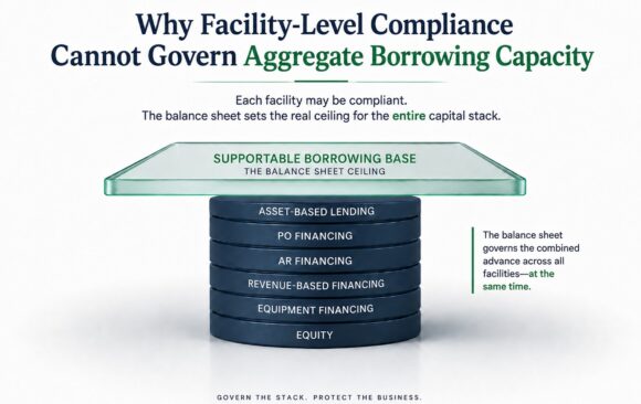 Infographic showing a capital stack capped by the Supportable Borrowing Base, illustrating why facility-level compliance cannot govern aggregate borrowing capacity