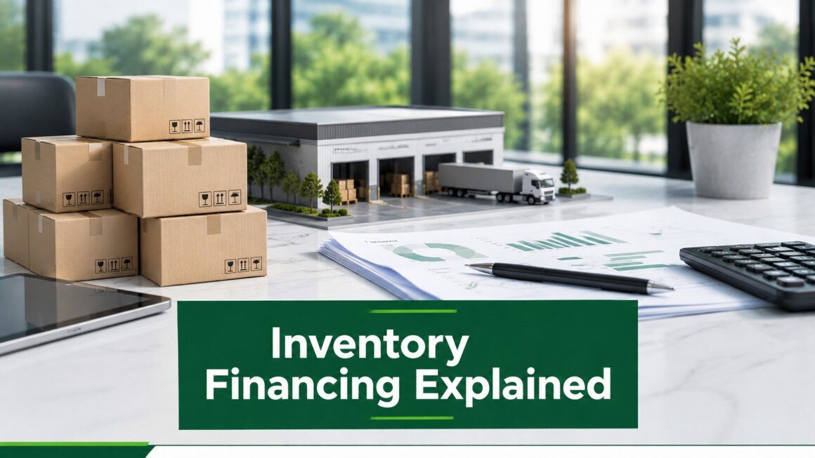 Inventory Financing Explained Featured Image Inventory financing explained with boxes, warehouse model, business reports, and credit line analysis on an office desk