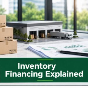 Inventory Financing Explained Featured Image Inventory financing explained with boxes, warehouse model, business reports, and credit line analysis on an office desk