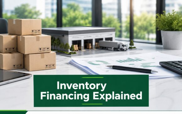 Inventory Financing Explained Featured Image Inventory financing explained with boxes, warehouse model, business reports, and credit line analysis on an office desk