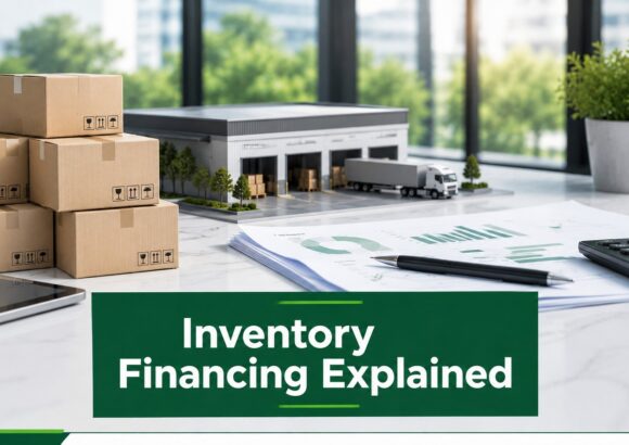 Inventory financing explained with boxes, warehouse model, business reports, and credit line analysis on an office desk