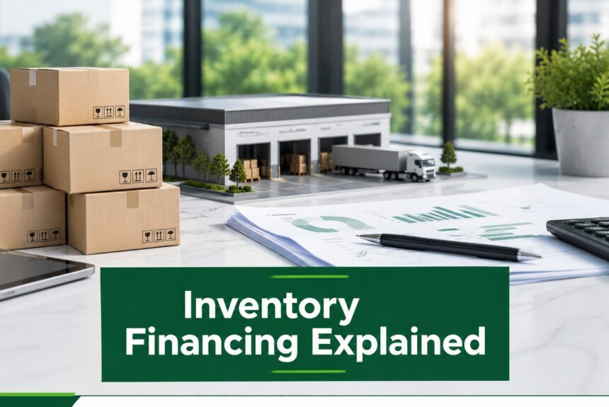 Inventory financing explained with boxes, warehouse model, business reports, and credit line analysis on an office desk