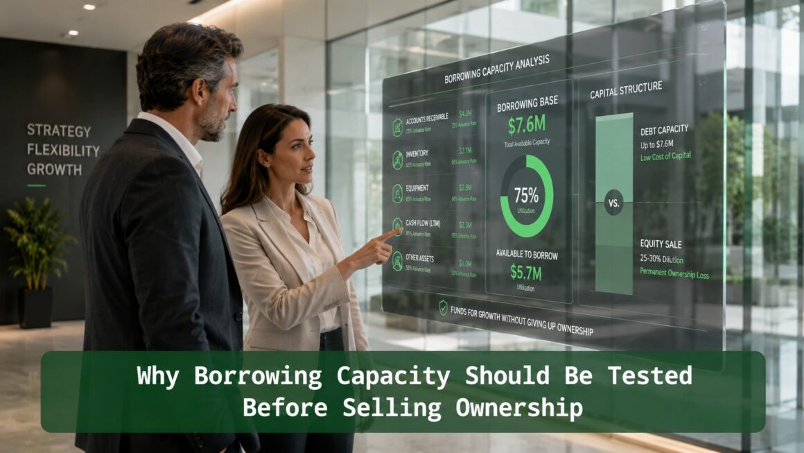 Business professionals reviewing a borrowing capacity analysis with debt capacity, borrowing base, collateral, and equity dilution comparison