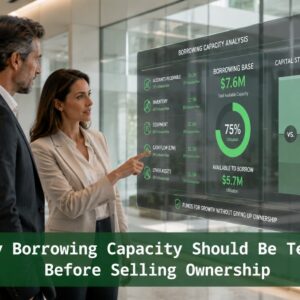 Business professionals reviewing a borrowing capacity analysis with debt capacity, borrowing base, collateral, and equity dilution comparison