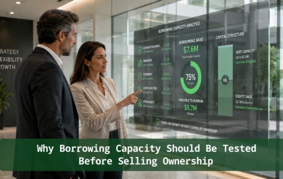 Why Borrowing Capacity Should Be Tested Before Selling Ownership Business professionals reviewing a borrowing capacity analysis with debt capacity, borrowing base, collateral, and equity dilution comparison