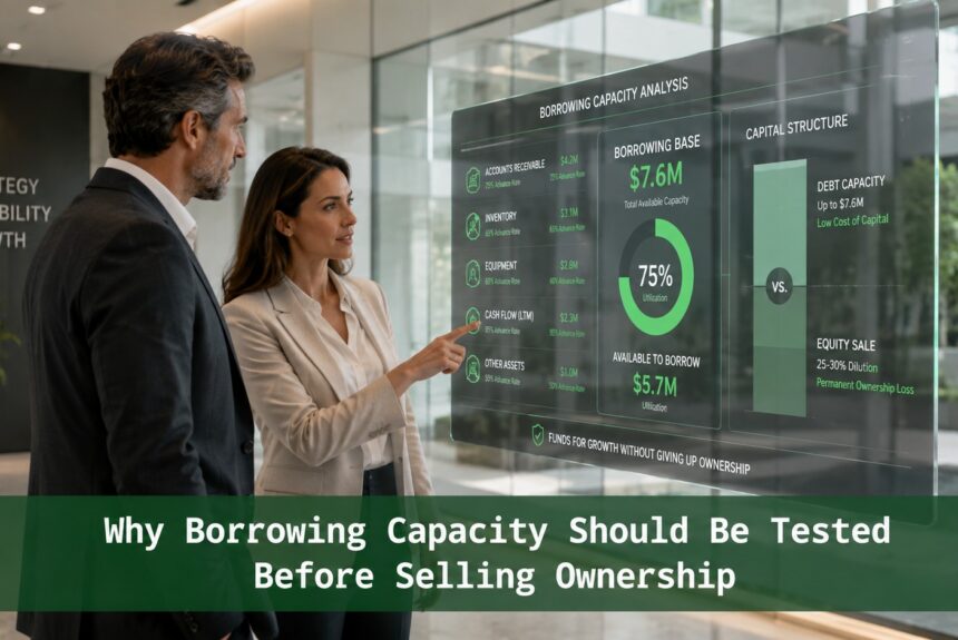 Business professionals reviewing a borrowing capacity analysis with debt capacity, borrowing base, collateral, and equity dilution comparison