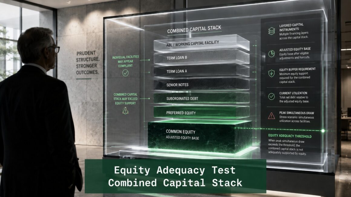 Equity Adequacy Test Combined Capital Stack Equity Adequacy Test visual showing a combined capital stack, adjusted equity base, equity buffer requirement, and peak simultaneous draw threshold