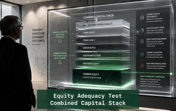 Equity Adequacy Test visual showing a combined capital stack, adjusted equity base, equity buffer requirement, and peak simultaneous draw threshold