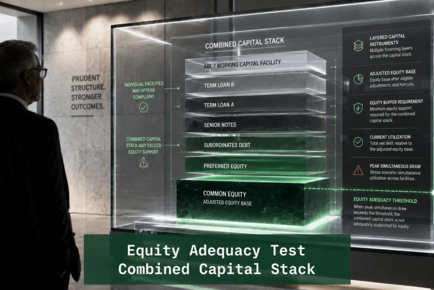Equity Adequacy Test visual showing a combined capital stack, adjusted equity base, equity buffer requirement, and peak simultaneous draw threshold
