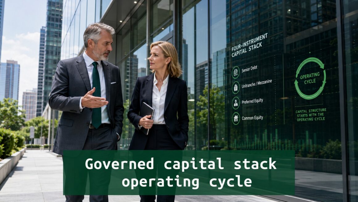 Two senior finance professionals discuss a governed capital stack outside a modern corporate building with an operating cycle strategy display