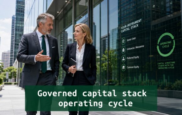 Two senior finance professionals discuss a governed capital stack outside a modern corporate building with an operating cycle strategy display
