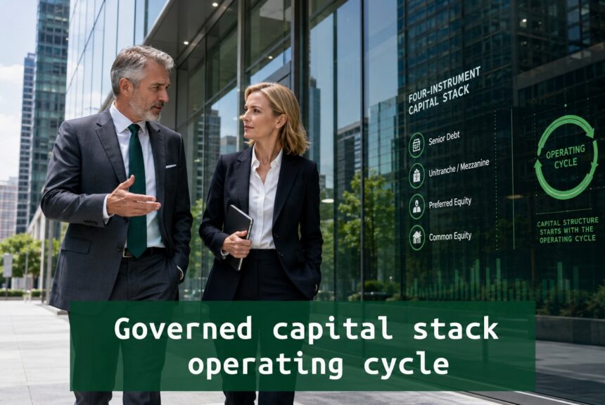 Two senior finance professionals discuss a governed capital stack outside a modern corporate building with an operating cycle strategy display