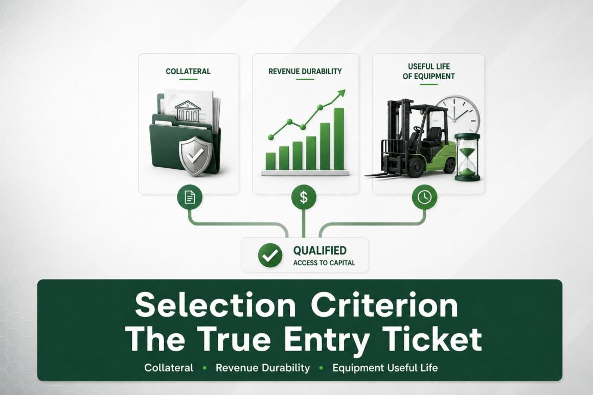 Selection Criterion infographic showing collateral, revenue durability, and equipment useful life leading to qualified access to capital.