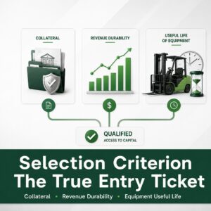 Selection Criterion infographic showing collateral, revenue durability, and equipment useful life leading to qualified access to capital.