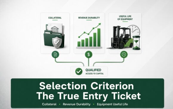 Selection Criterion infographic showing collateral, revenue durability, and equipment useful life leading to qualified access to capital.