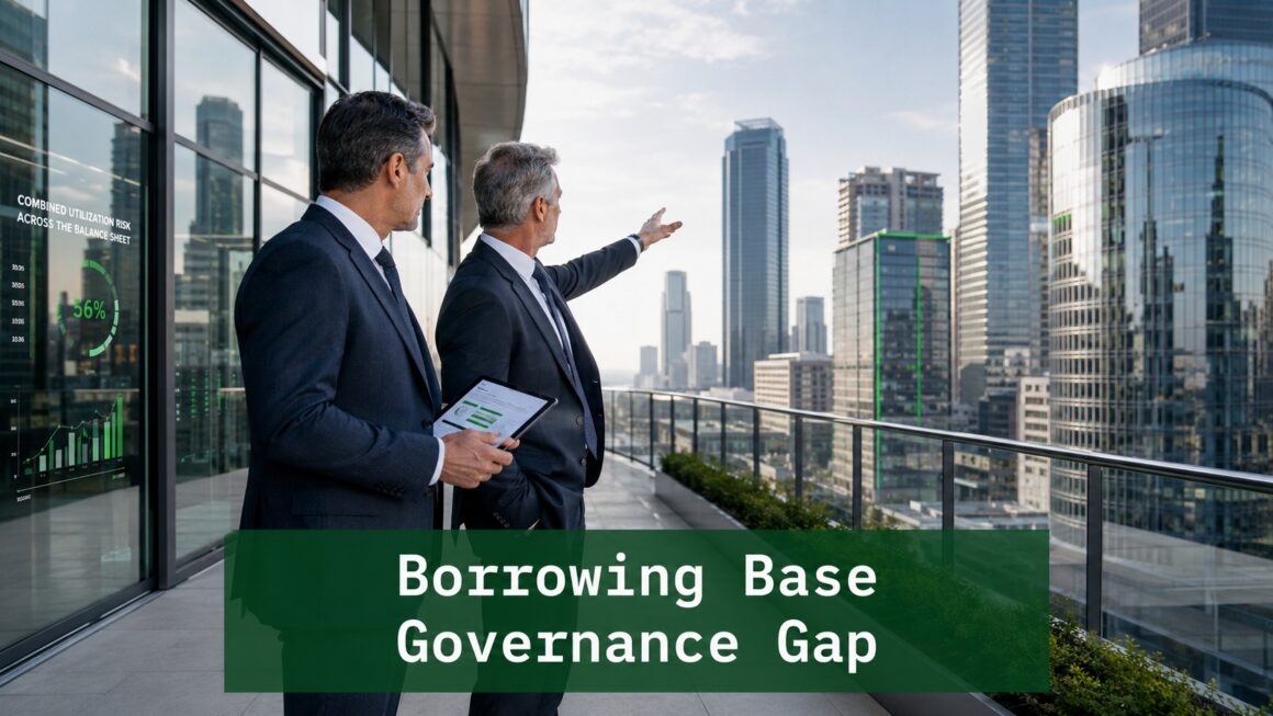 Two finance professionals reviewing combined utilization risk on a corporate terrace overlooking a financial district