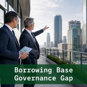 Two finance professionals reviewing combined utilization risk on a corporate terrace overlooking a financial district