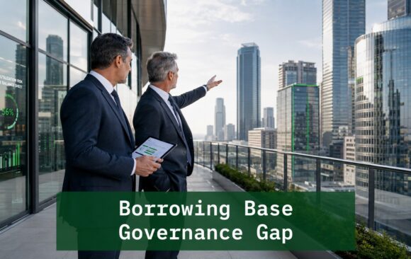 Two finance professionals reviewing combined utilization risk on a corporate terrace overlooking a financial district