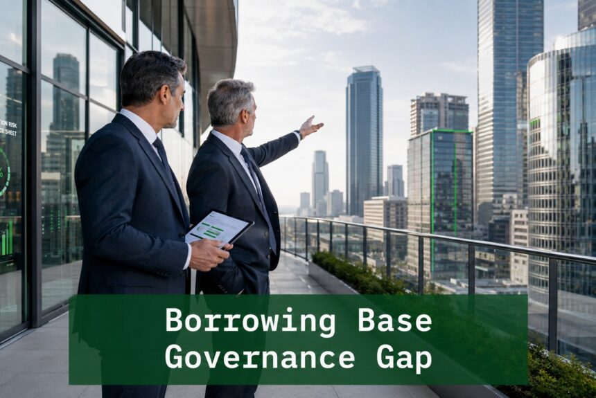 Two finance professionals reviewing combined utilization risk on a corporate terrace overlooking a financial district