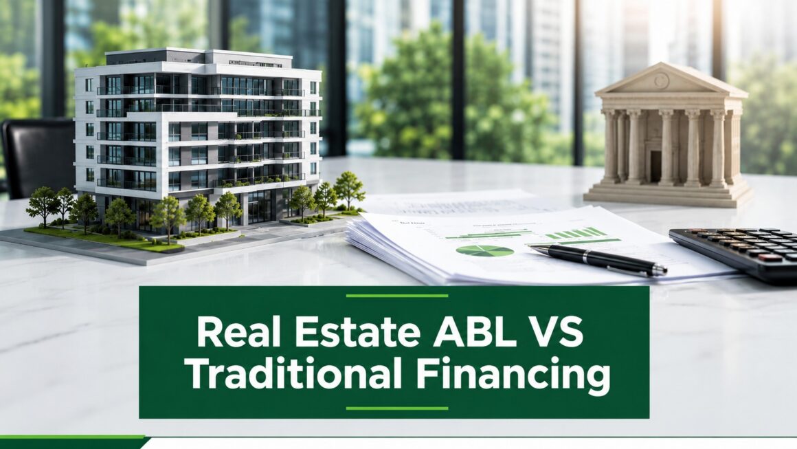 Real estate financing comparison showing property collateral and bank financing documents with the title Real Estate ABL VS Traditional Financing