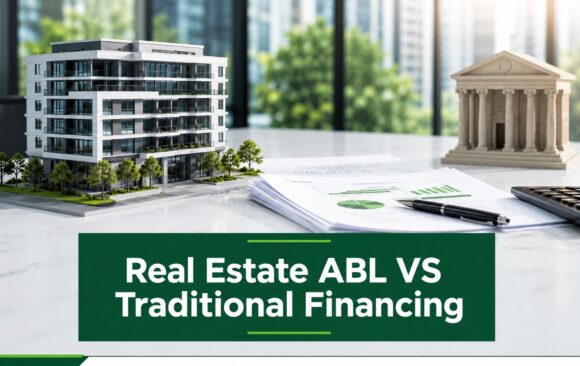 Real Estate ABL vs Traditional Financing Real estate financing comparison showing property collateral and bank financing documents with the title Real Estate ABL VS Traditional Financing