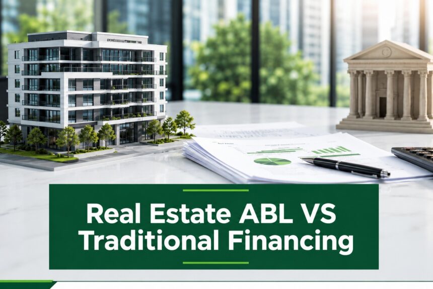Real estate financing comparison showing property collateral and bank financing documents with the title Real Estate ABL VS Traditional Financing