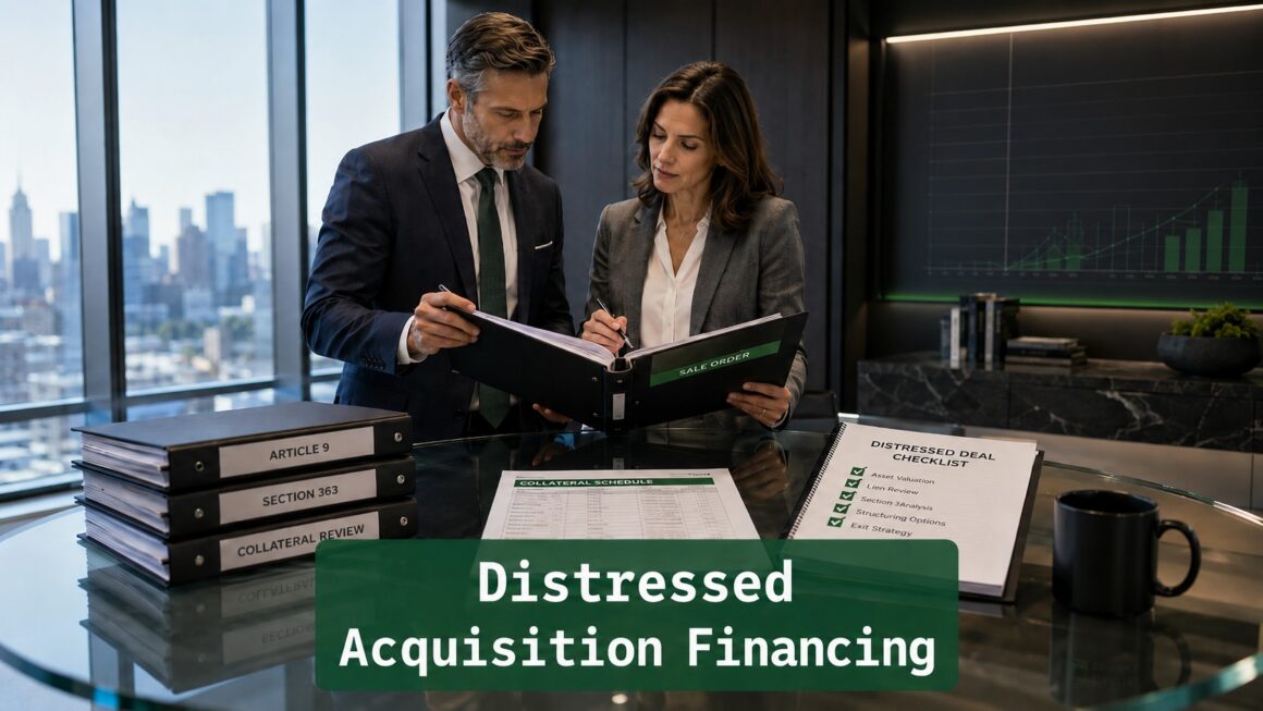 Professionals reviewing Article 9 and Section 363 distressed acquisition financing documents in a modern boardroom.