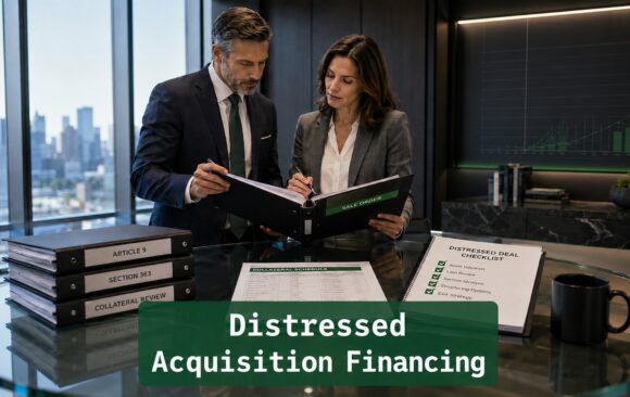Distressed Acquisition Financing Article 9 Section 363 Professionals reviewing Article 9 and Section 363 distressed acquisition financing documents in a modern boardroom.