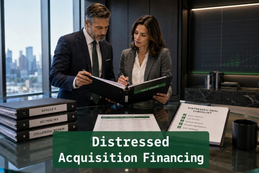 Professionals reviewing Article 9 and Section 363 distressed acquisition financing documents in a modern boardroom.