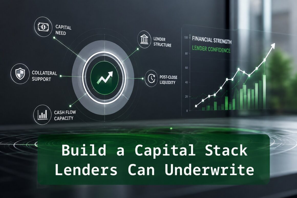 Financial underwriting graphic showing capital need, collateral support, cash flow capacity, lender structure, and post-close liquidity around a lender confidence dashboard