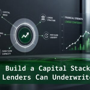 Financial underwriting graphic showing capital need, collateral support, cash flow capacity, lender structure, and post-close liquidity around a lender confidence dashboard