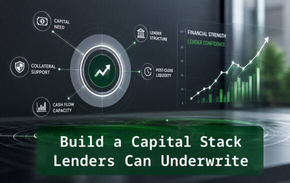 Build a Capital Stack Lenders Can Underwrite Financial underwriting graphic showing capital need, collateral support, cash flow capacity, lender structure, and post-close liquidity around a lender confidence dashboard