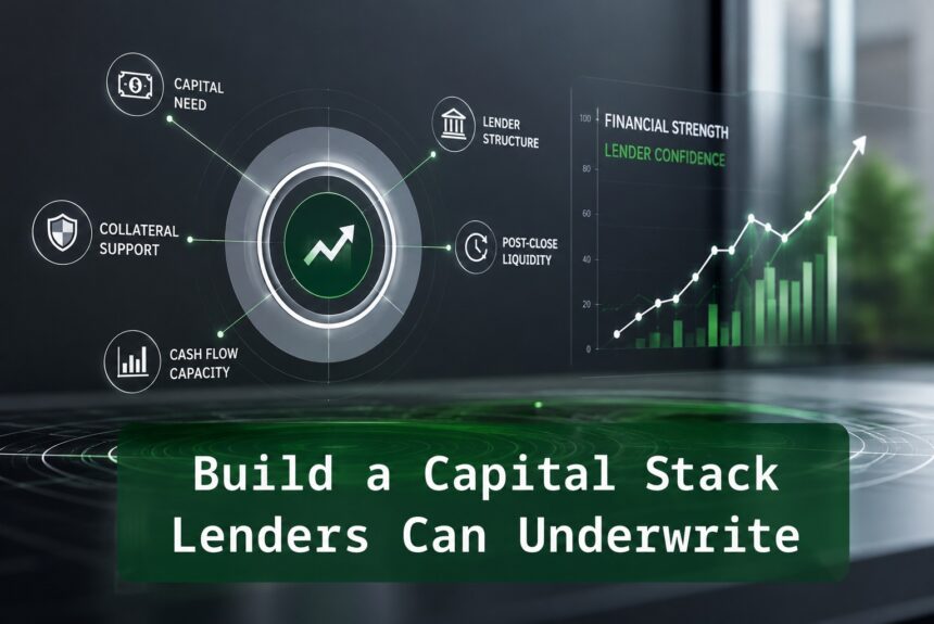 Financial underwriting graphic showing capital need, collateral support, cash flow capacity, lender structure, and post-close liquidity around a lender confidence dashboard