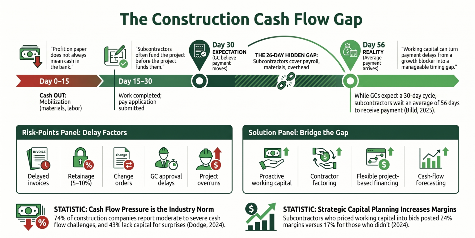 Infographic titled The Construction Cash Flow Gap. A project timeline shows a subcontractor mobilizing and buying materials on days 0 to 15, completing work by day 30 when the general contractor assumes payment is moving, and payment actually arriving around day 56, leaving a 26-day gap during which payroll, materials, equipment, vendors, insurance, and overhead still need to be covered. Risk points include delayed invoices, retainage, change orders, GC approval delays, and overruns; solutions include construction working capital, contractor factoring, flexible project-based financing, and cash flow forecasting.