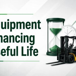Equipment financing useful life illustrated with industrial equipment, time, collateral coverage, and asset value signals