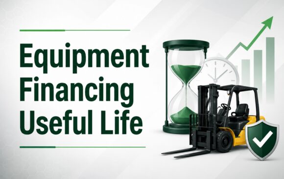 Equipment financing useful life illustrated with industrial equipment, time, collateral coverage, and asset value signals