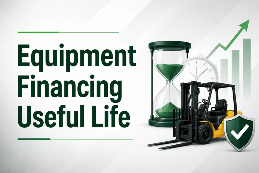 Equipment financing useful life illustrated with industrial equipment, time, collateral coverage, and asset value signals