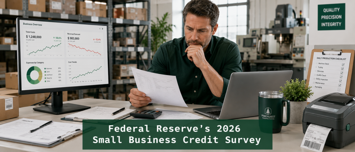 Small business owner reviewing financial reports in a warehouse; Federal Reserve 2026 Small Business Credit Survey