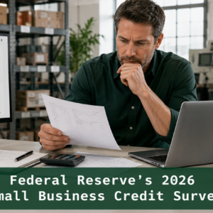 Small business owner reviewing financial reports in a warehouse; Federal Reserve 2026 Small Business Credit Survey