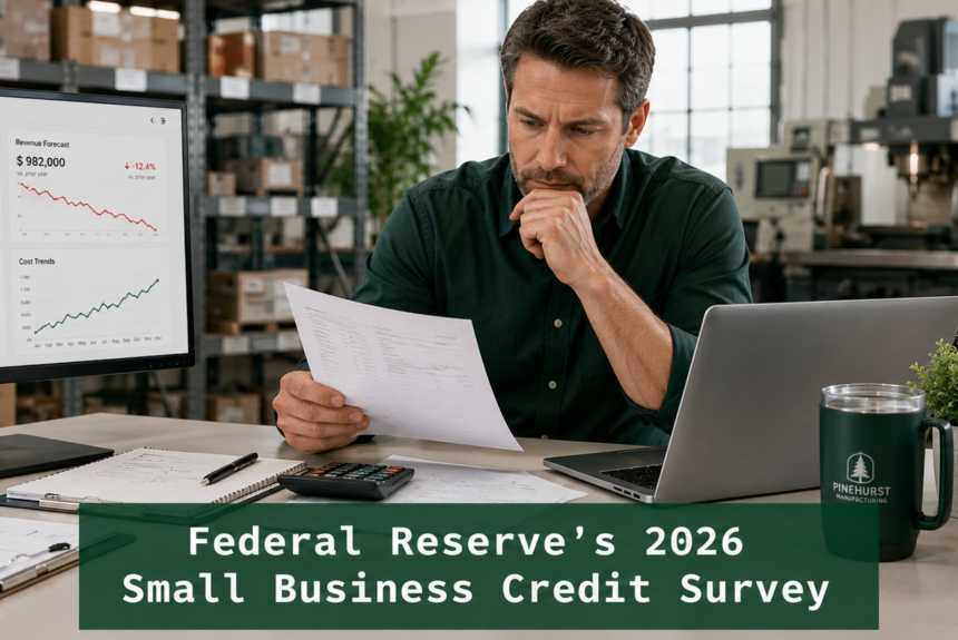 Small business owner reviewing financial reports in a warehouse; Federal Reserve 2026 Small Business Credit Survey
