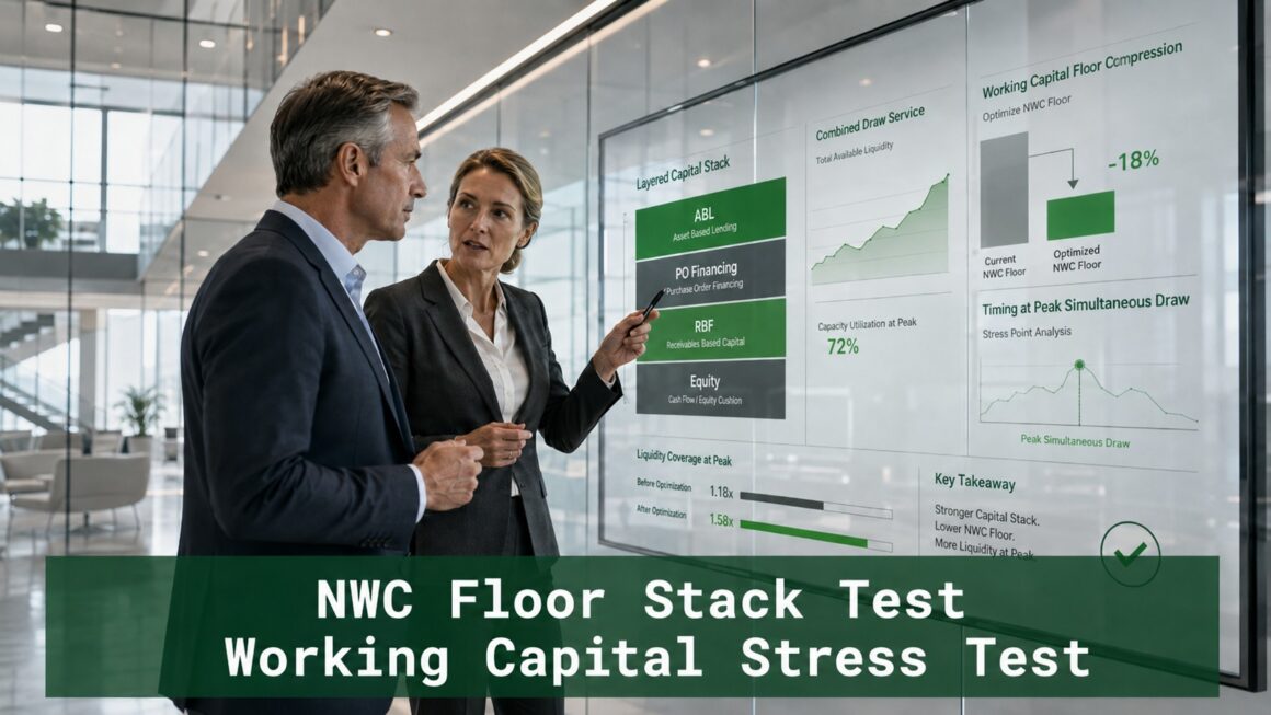Senior finance professionals review NWC Floor Stack Test analytics showing capital stack layers, combined draw service, and working capital floor compression.