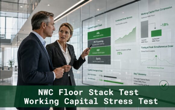 Senior finance professionals review NWC Floor Stack Test analytics showing capital stack layers, combined draw service, and working capital floor compression.