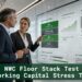 Senior finance professionals review NWC Floor Stack Test analytics showing capital stack layers, combined draw service, and working capital floor compression.