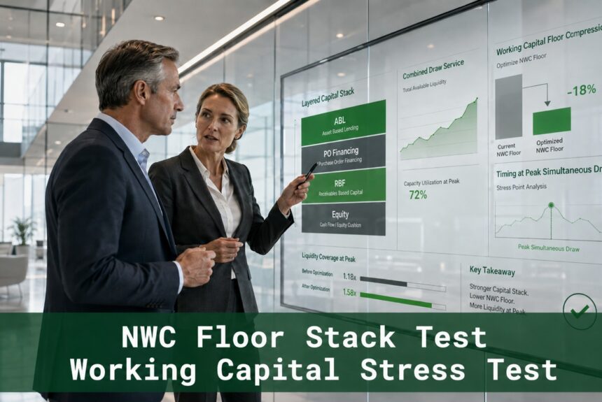 Senior finance professionals review NWC Floor Stack Test analytics showing capital stack layers, combined draw service, and working capital floor compression.