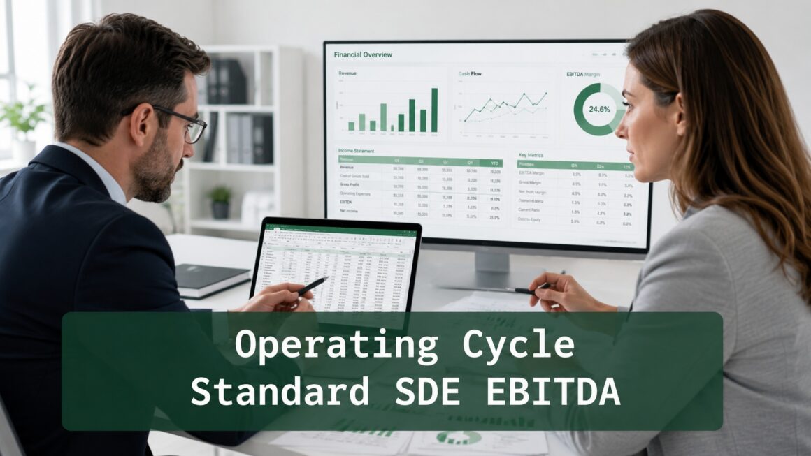 Business owners review financial dashboards and spreadsheets for operating cycle, SDE, EBITDA, and cash flow analysis